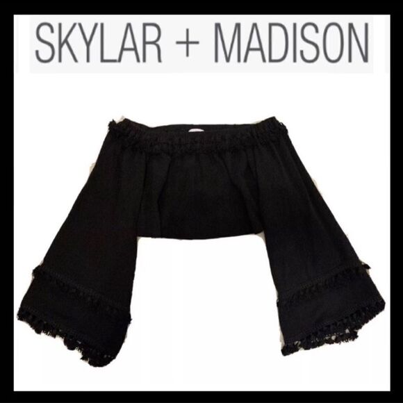 skylar + madison black boho tasseled crop going out sexy midriff top Sz Small - Picture 3 of 8